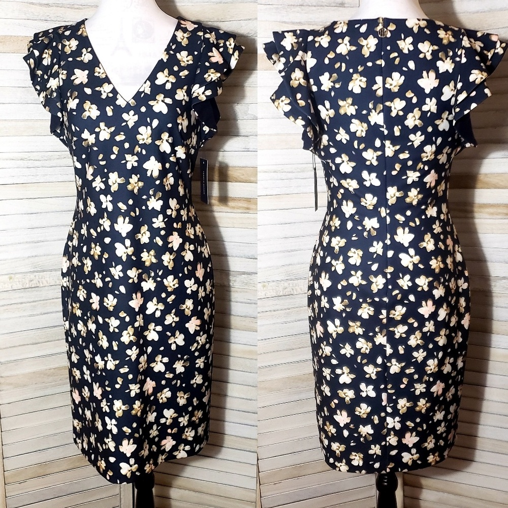 Tommy Hilfiger Floral Ruffle V Neck Dress Sheath